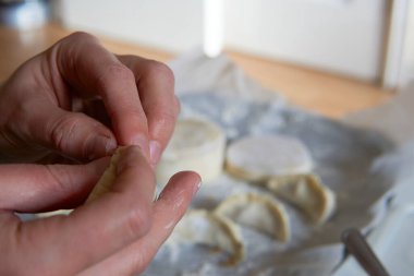 Elle hamur köftesi yapmak. Erkeklerin ellerinin yakın çekimi, vegan gyoza.