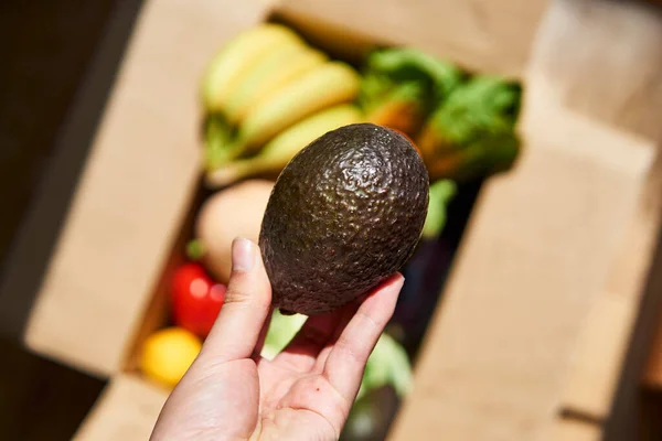 Woman's hand holding avocado, box with fruits and vegetables as background. Food delivery concept. Local farm market