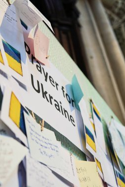 Bath, UK - June 04, 2022: 'Prayer for Ukraine' messages on wall in Bath Abbey