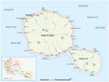 tahiti yolu ve idari harita, Society Adaları, Fransa