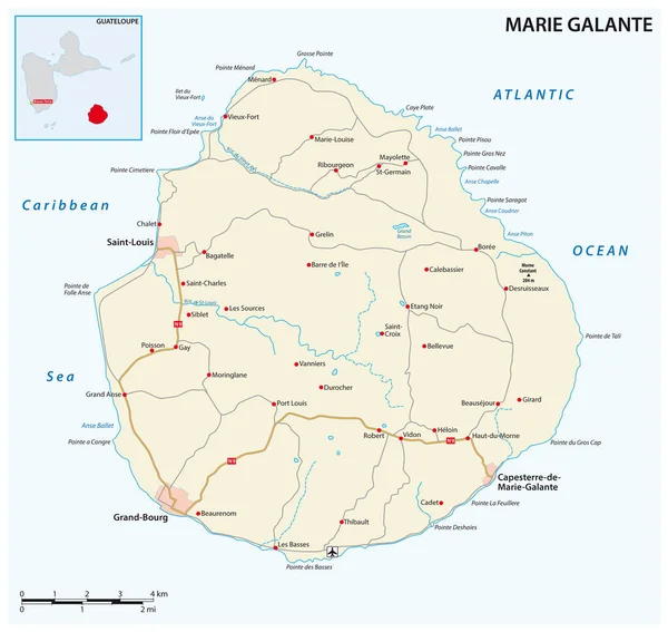 Mapa Carreteras Isla Marie Galante Parte Guadalupe — Vector de stock