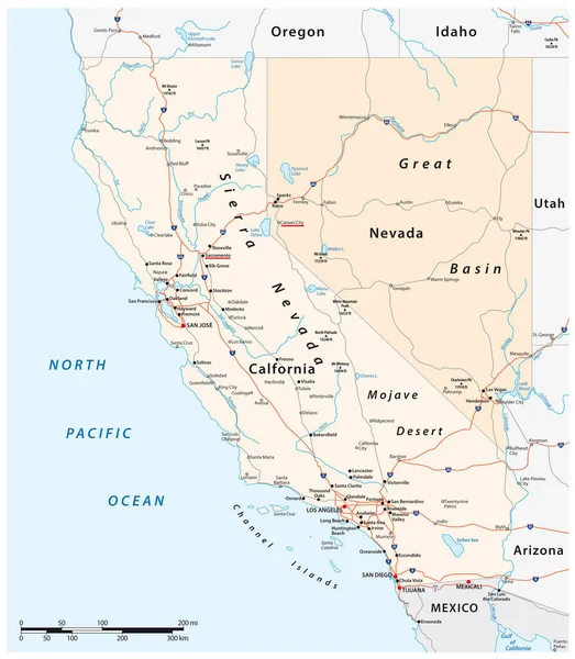 Wektorowa Mapa Drogowa Stanów Kalifornia Nevada — Wektor stockowy