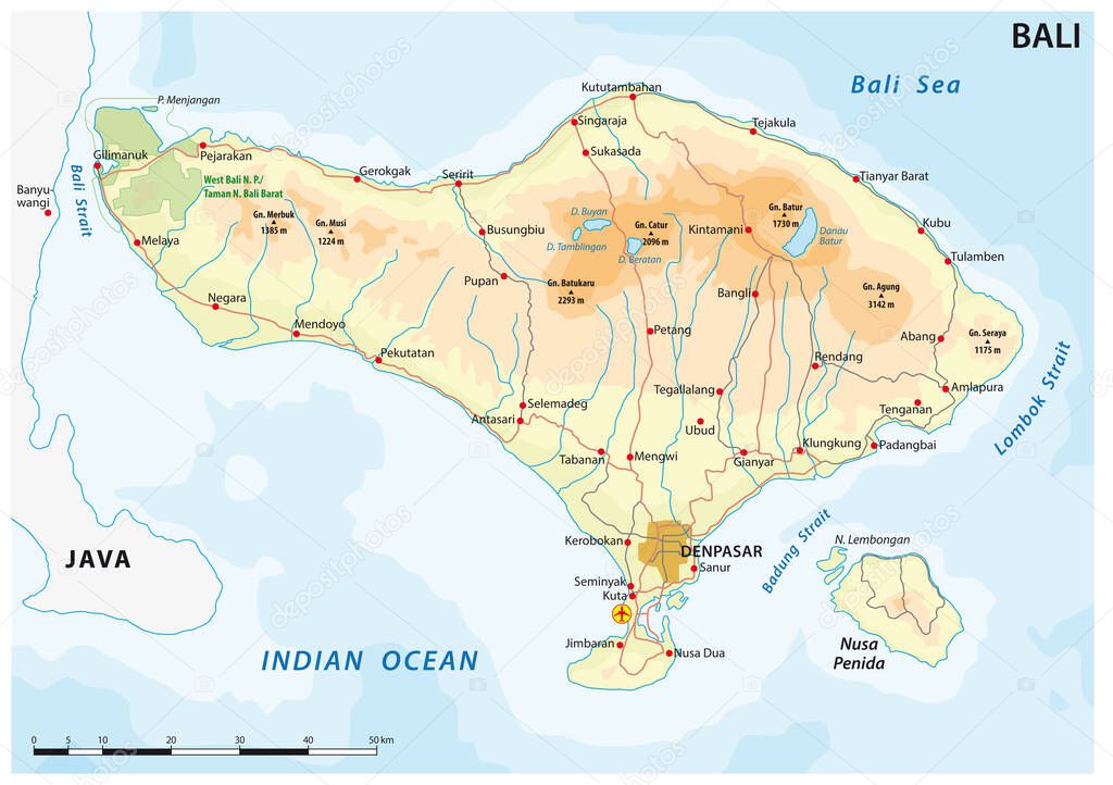 Road vector map of the indonesian island of bali
