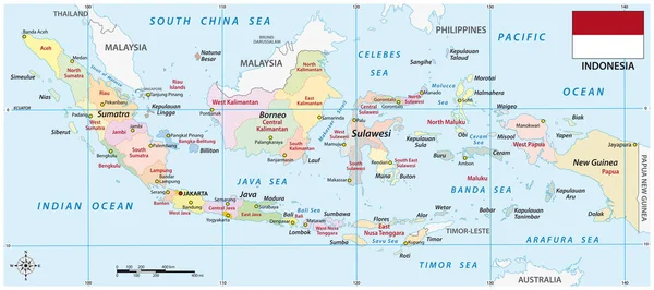 Indonesia Mappa Vettoriale Amministrativa Con Bandiera — Vettoriale Stock