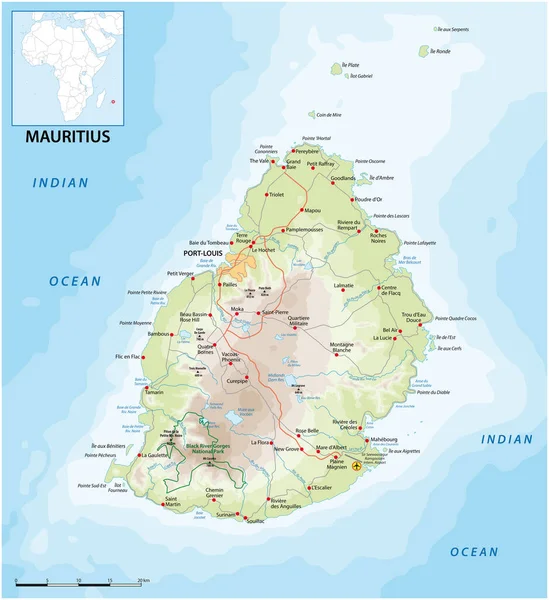 Vektor Road Map Dello Stato Insulare Mauritius Nell Oceano Indiano — Vettoriale Stock