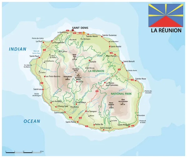 Reunion Road Mapa Vectorial Del Parque Nacional Con Bandera — Vector de stock