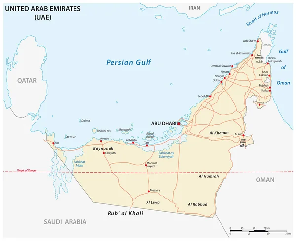 Straßenkarte Der Vereinigten Arabischen Emirate Vae — Stockvektor