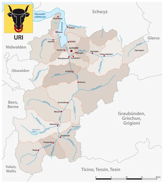 Carte Administrative Vectorielle Canton Suisse Uri Avec Drapeau — Image vectorielle