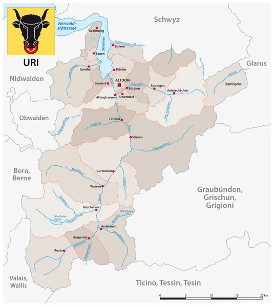 Векторна Адміністративна Карта Швейцарського Кантону Урі Прапором — стоковий вектор