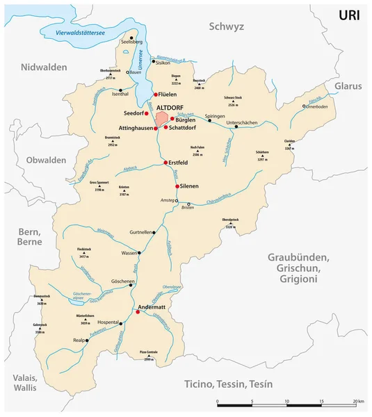 Διανυσματικός Χάρτης Του Ελβετικού Καντονίου Του Γιούρι Τις Σημαντικότερες Πόλεις — Διανυσματικό Αρχείο