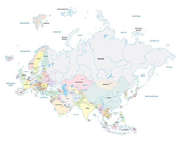 2つの大陸ヨーロッパとアジア ユーラシアの詳細なベクトル地図 — ストックベクタ