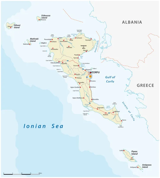 Hoja Ruta Vectorial Isla Jónica Korfu Grecia — Archivo Imágenes Vectoriales