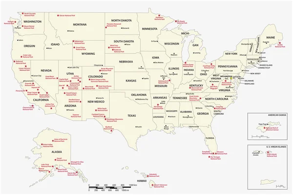 Mappa Vettoriale Dei Parchi Nazionali Americani — Vettoriale Stock