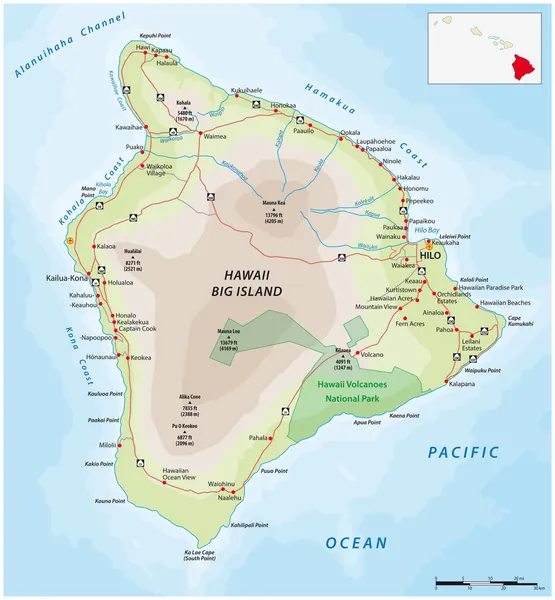 Hawaii Nin Büyük Adasının Yol Haritası Büyük Ada Hawaii — Stok Vektör