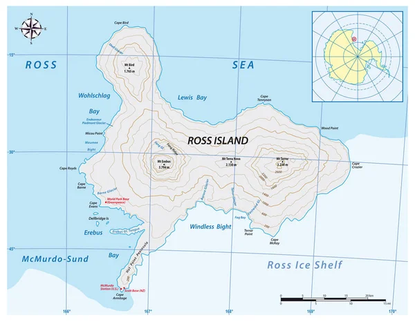 Carte Vectorielle Détaillée Île Volcanique Ross Antarctique — Image vectorielle