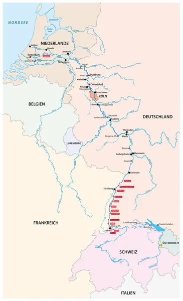 River System Map Rhine Most Important Cities Παραπόταμοι Στα Γερμανικά — Διανυσματικό Αρχείο