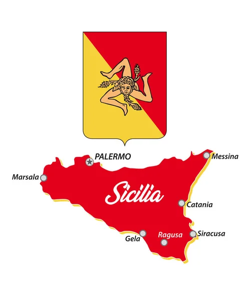 小さなシチリア島のアウトラインマップと紋章 イタリア — ストックベクタ