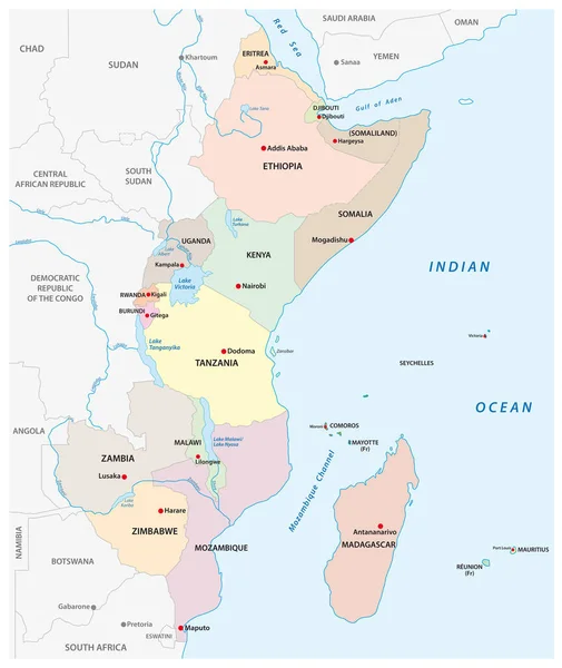 Mappa Vettoriale Politica Della Regione Dell Africa Orientale — Vettoriale Stock