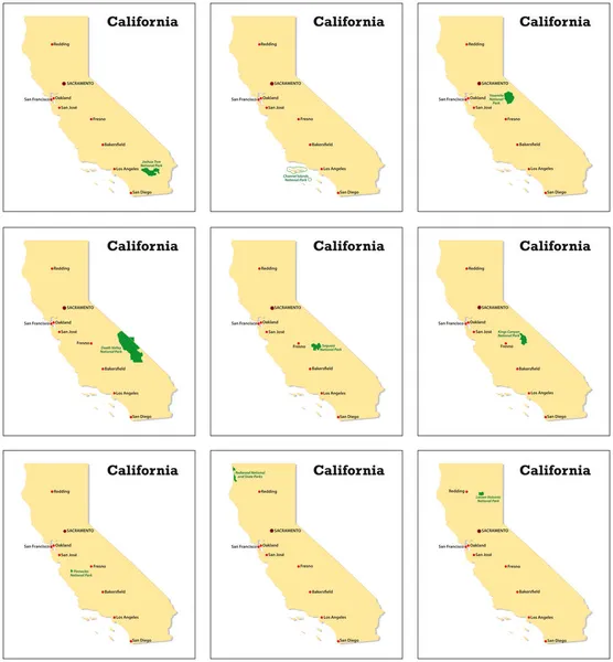 Kilenc Kis Vektortérkép Kaliforniai Nemzeti Parkokról — Stock Vector