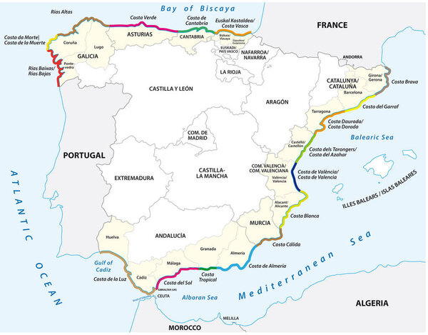 Vector map of tourist coasts of Spain 