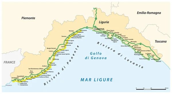 Mapa Vectorial Ciudades Riviera Italiana Riviera Liguria — Vector de stock