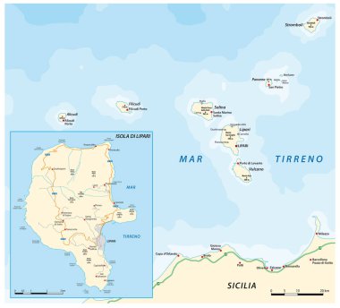 Lipari Adası ve Aeolian Adaları Haritası, Sicilya, İtalya