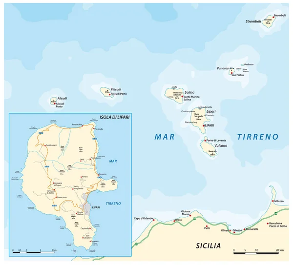 Térkép Lipari Island Aeolian Islands Szicília Olaszország — Stock Vector