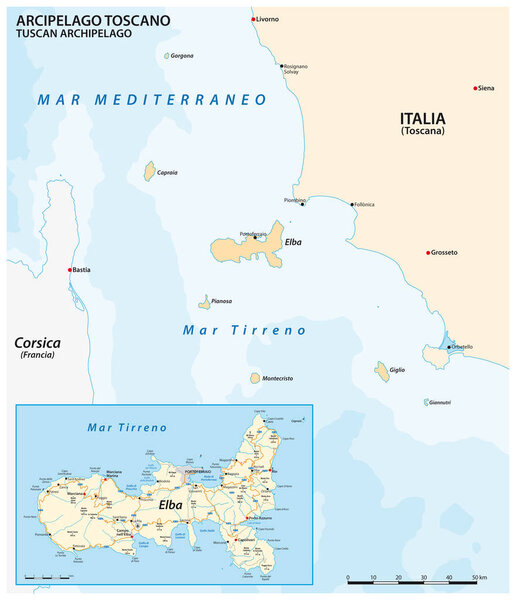 Map of Elba Island and the Tuscan Archipelago, Italy
