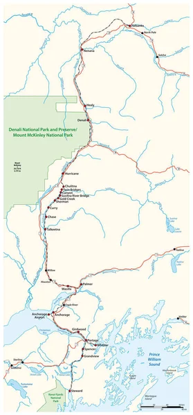Mapa Ferroviário Fairbanks Para Steward Alaska Estados Unidos América — Vetor de Stock