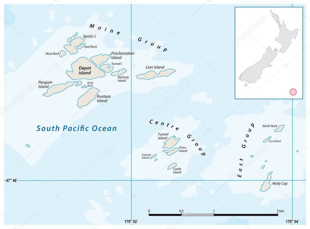 Map of the archipelago of Bounty Islands, New Zealand 