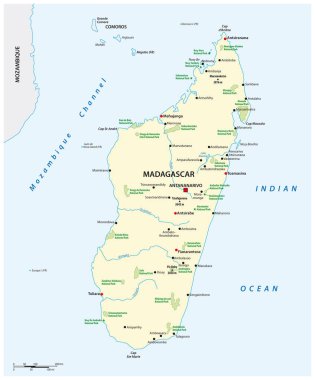 Afrika ada ülkesi Madagaskar 'ın ulusal park haritası.