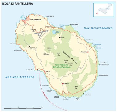 Vector road map of the Italian volcanic island of Pantelleria, Sicily, Italy