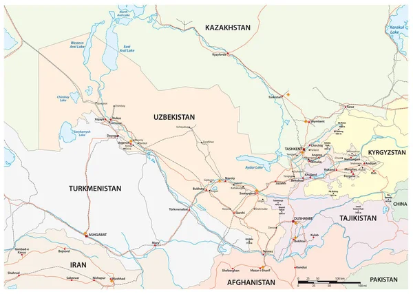 ウズベキスタンのアジア州の道路と鉄道地図 — ストックベクタ