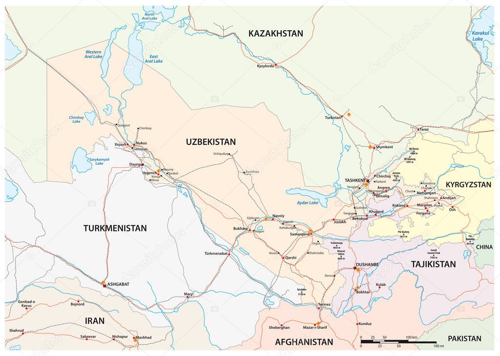 Roads and railways map of the Asian state of Uzbekistan 