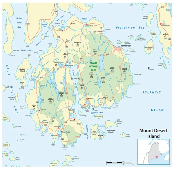 Roads and national park map of Mount Desert Island, Maine, United States