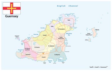 Kanal Adası Guernsey 'nin idari bölgeleri ve yol haritası bayrağı 