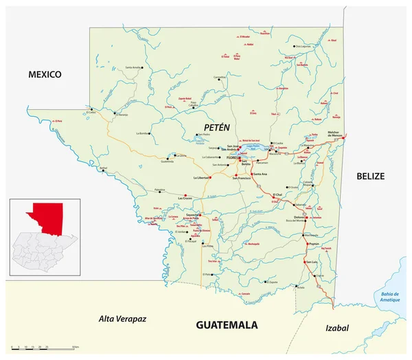 Carte Routière État Guatémaltèque Peten Avec Les Importantes Ruines Mayas — Image vectorielle
