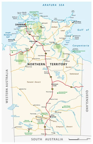 オーストラリア北部準州の道路と国立公園地図 — ストックベクタ