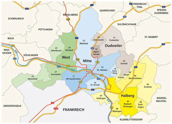 Mappa Vettoriale Amministrativa Della Capitale Della Saarland Saarbruecken — Vettoriale Stock