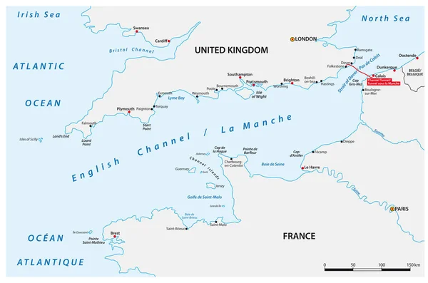 Mapa Vectorial Del Canal Mancha Entre Reino Unido Francia — Vector de stock