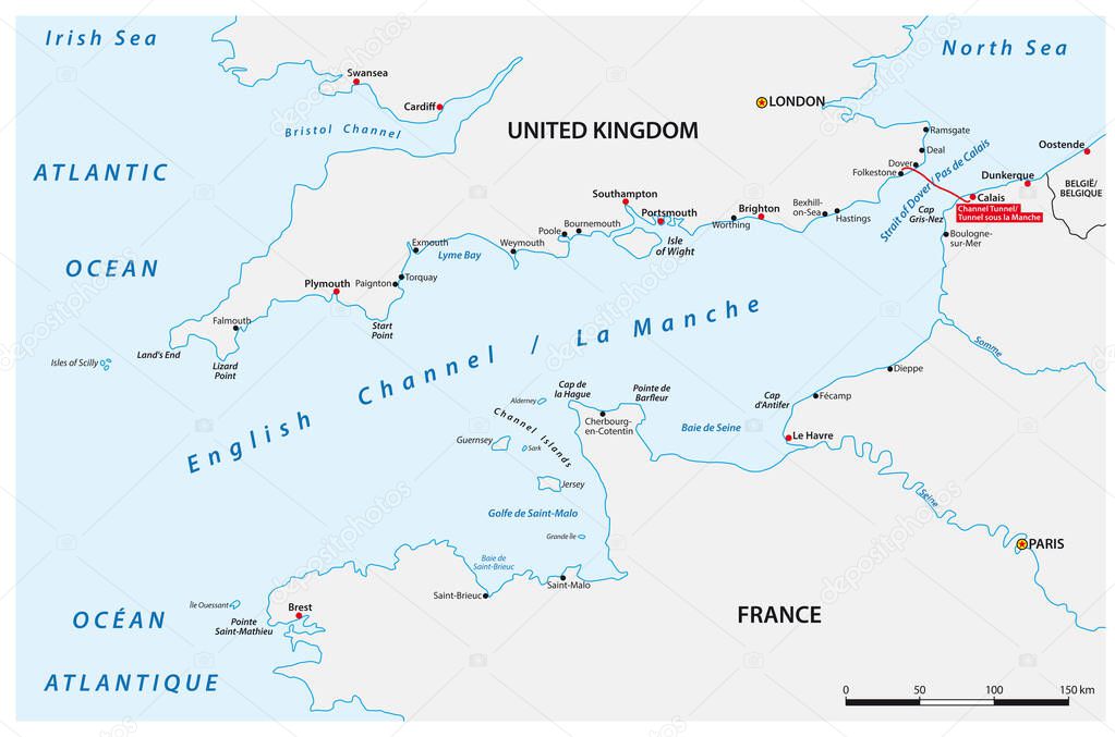 Vector map of the English Channel between United Kingdom and France