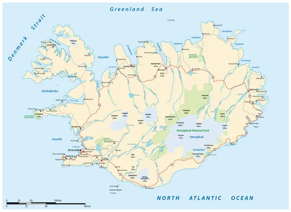 Drogi Parki Narodowe Mapa Europejskiej Wyspy Islandia — Wektor stockowy