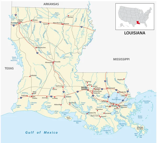 Straßenkarte Des Amerikanischen Bundesstaates Louisiana — Stockvektor
