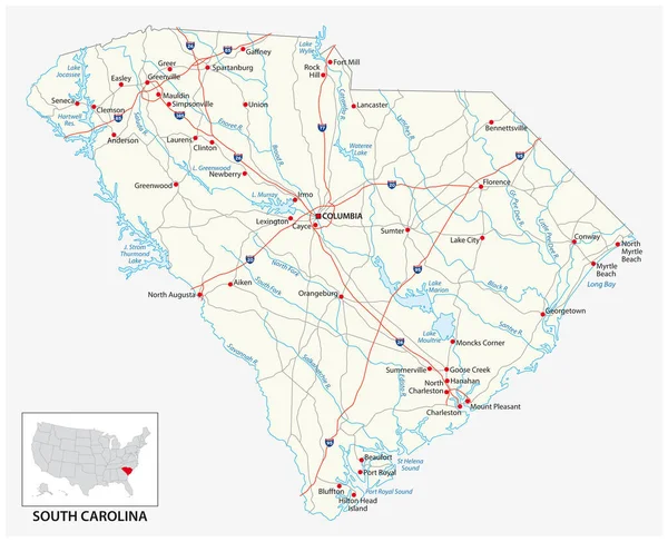 Routekaart Van Amerikaanse Staat South Carolina — Stockvector