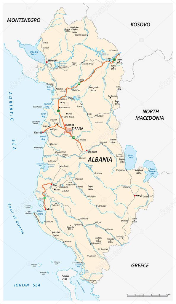 detailed vector road map of the Republic of Albania