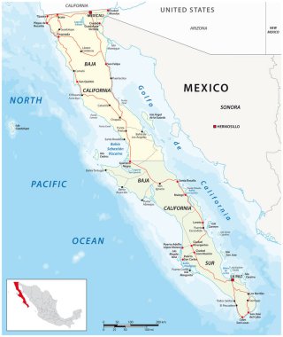 Meksika 'nın Baja California ve Baja California eyaletlerinin vektör yol haritası.