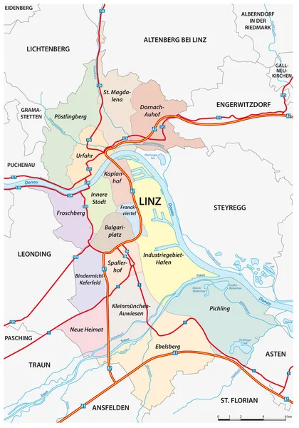 Οδικός Και Διοικητικός Διανυσματικός Χάρτης Της Ανώτερης Αυστρικής Πρωτεύουσας Linz — Διανυσματικό Αρχείο