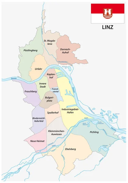 Carte Vectorielle Administrative Capitale Autrichienne Linz Avec Drapeau — Image vectorielle