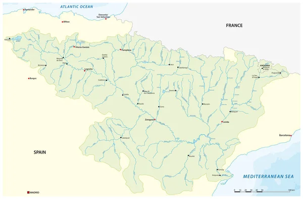 Ebro Nehir Havzasının Vektör Haritası Spanya — Stok Vektör