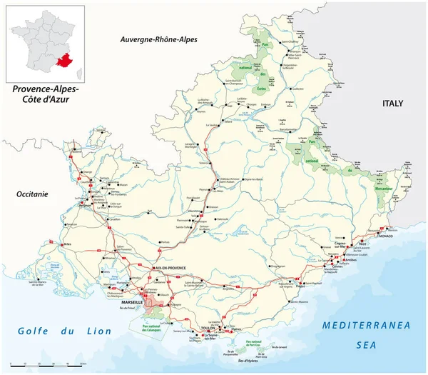 Mapa Carreteras Parques Nacionales Región Provenza Alpes Costa Azul Francia — Vector de stock